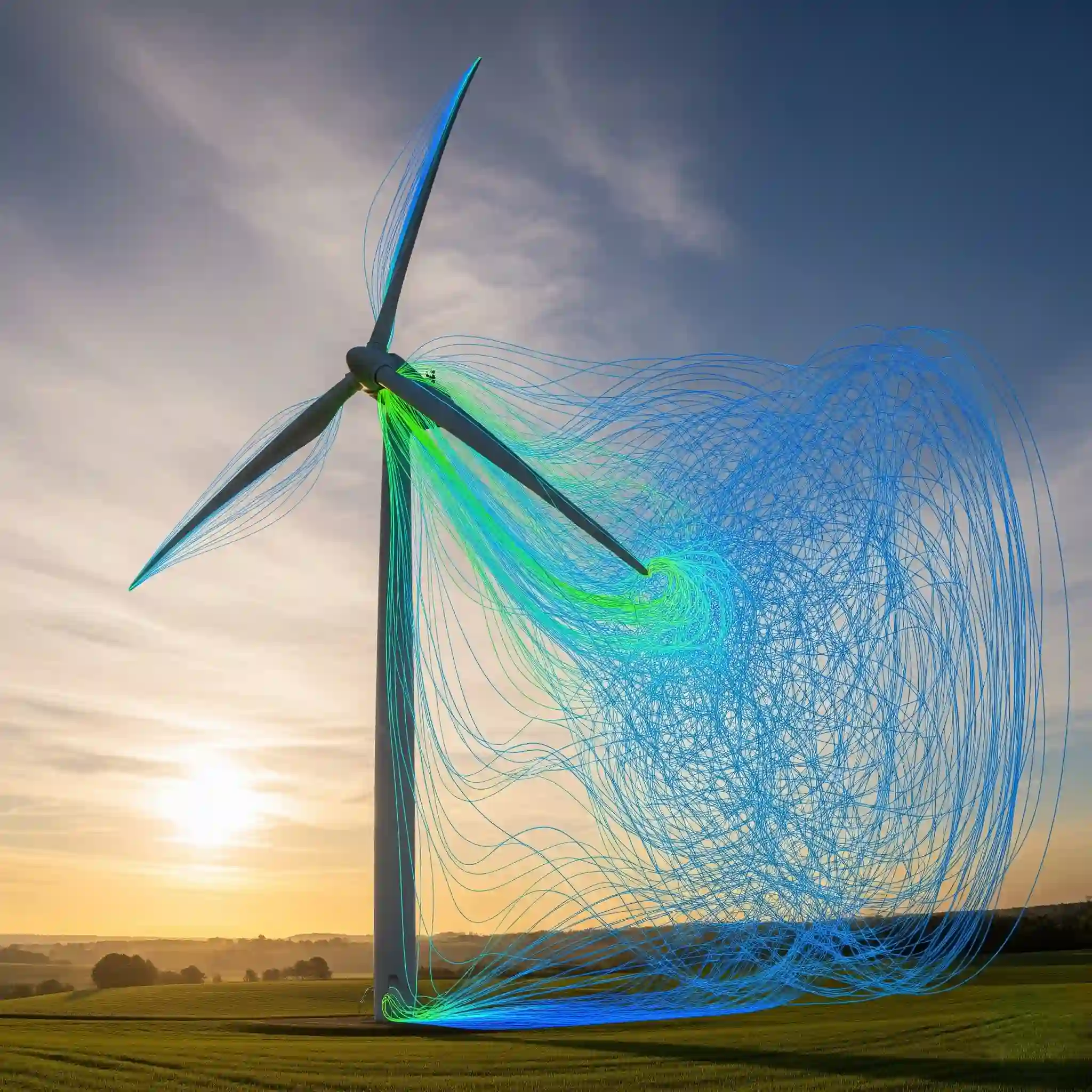 CFD analysis of a large wind turbine, with streamlines flowing through the blades and showing the turbulent wake region behind it.