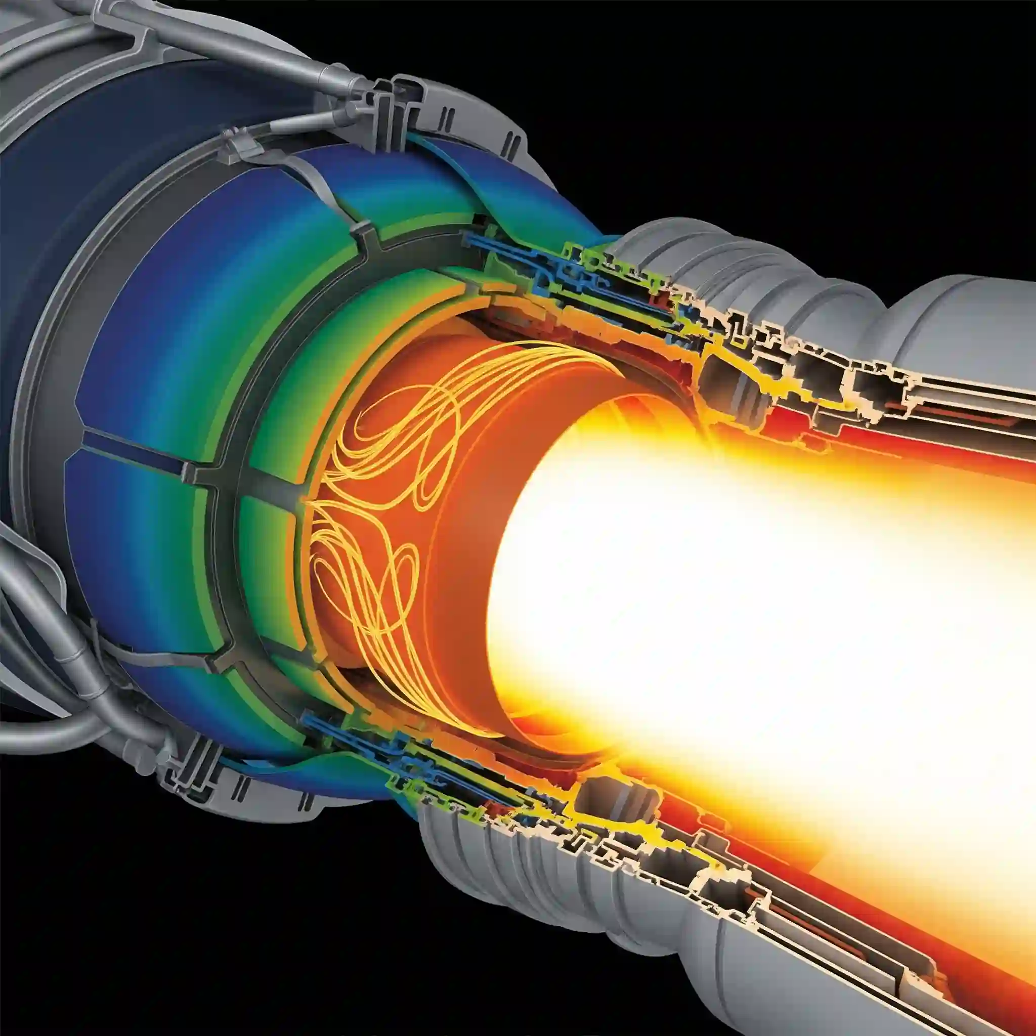 Extreme temperature contour in a rocket combustion chamber.
