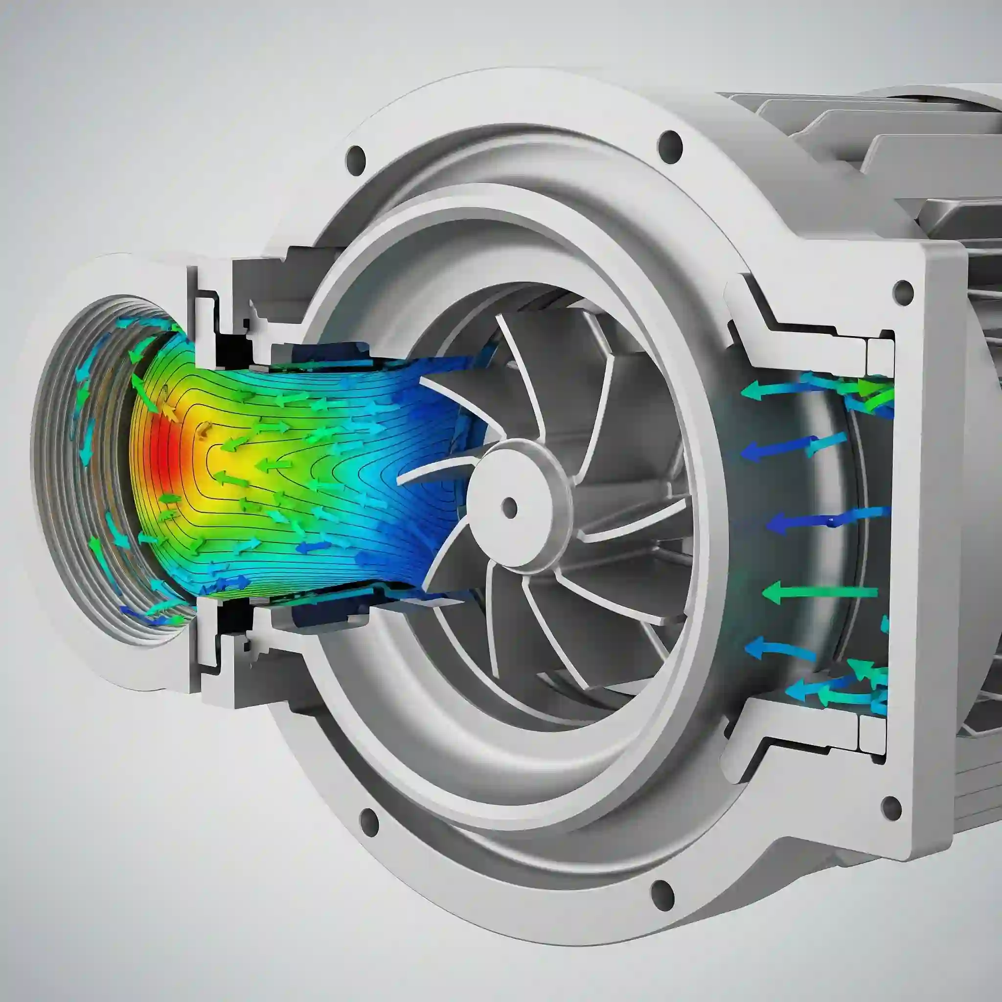 Cutaway view of a centrifugal pump with CFD analysis showing pressure contours and velocity vectors of the fluid flow inside.