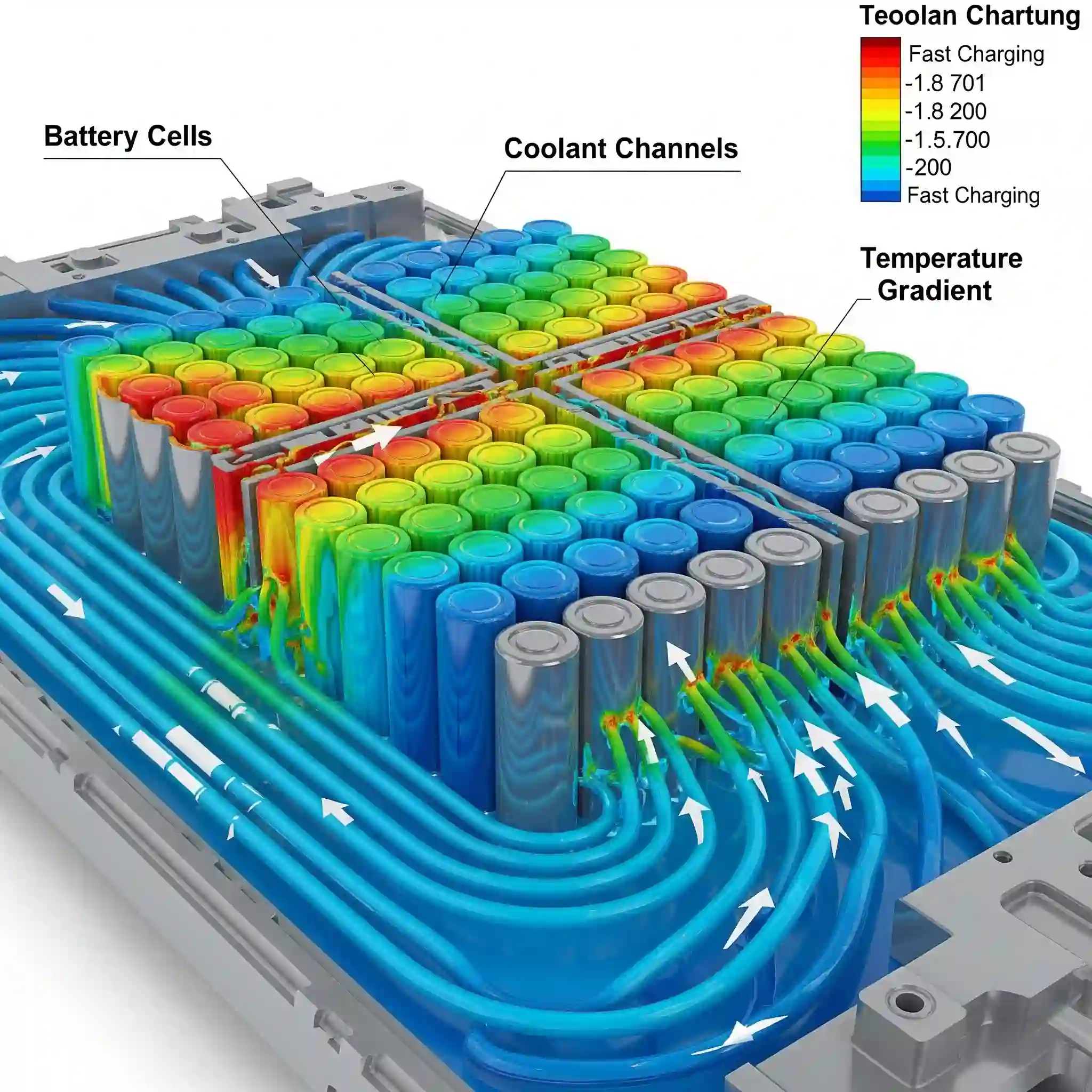 CFD thermal management simulation of an EV battery pack, showing coolant flow and temperature distribution across the cells.