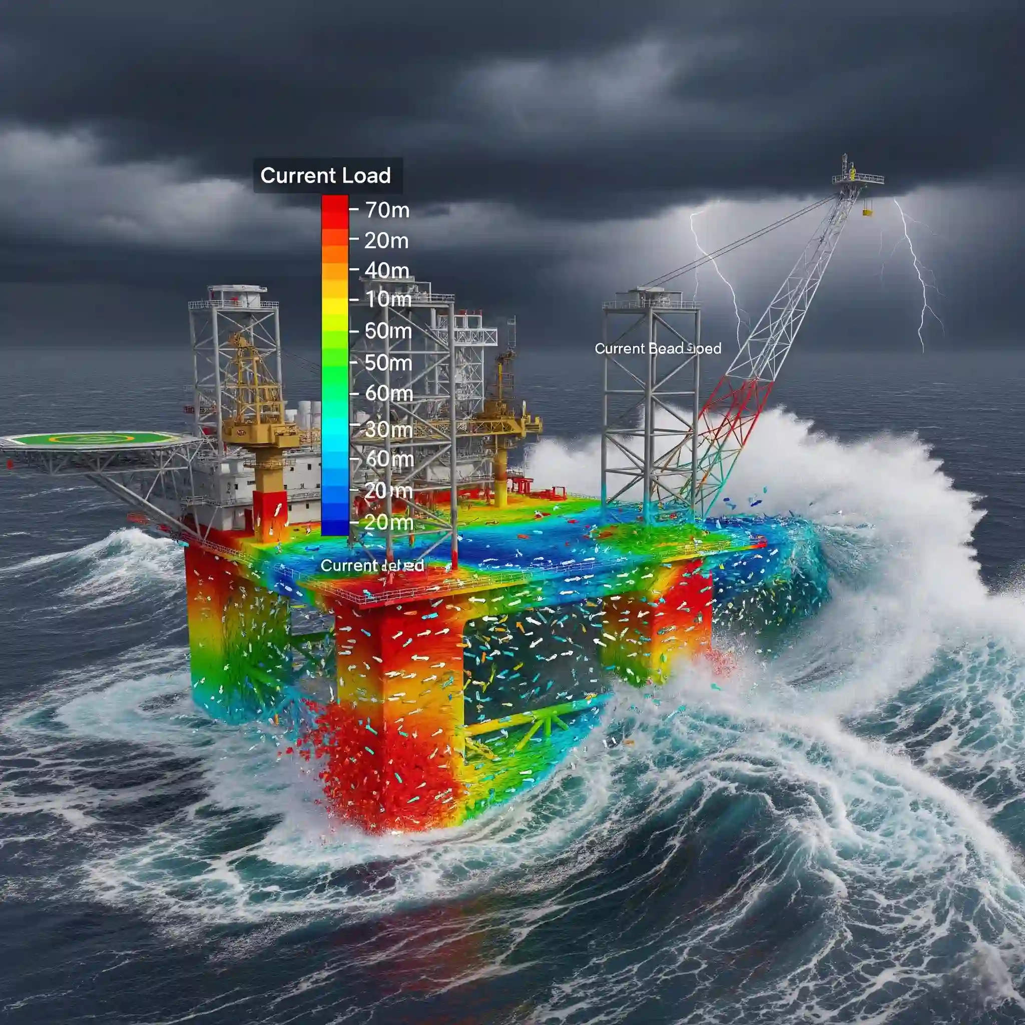 CFD simulation of ocean waves and currents interacting with an offshore oil rig structure.