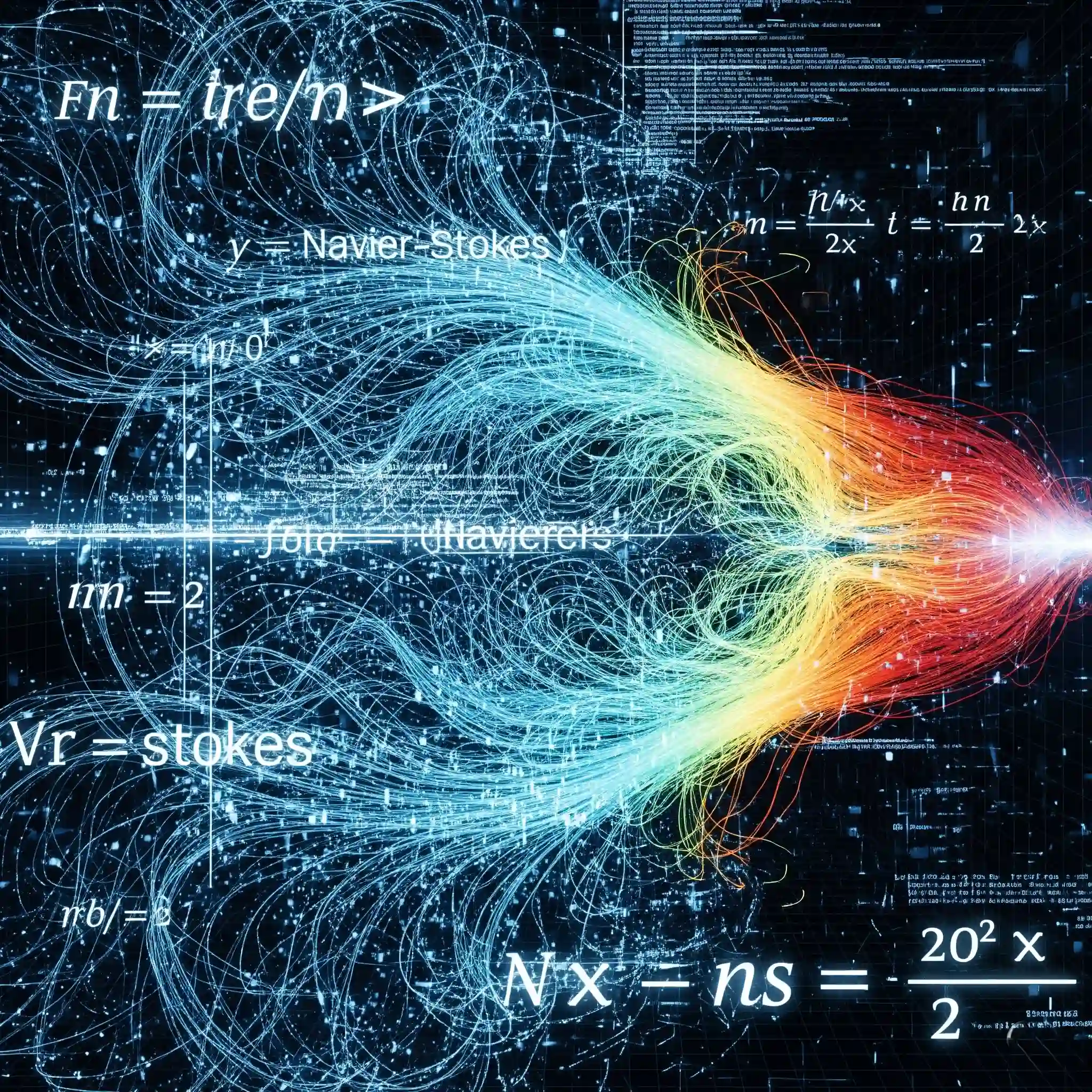 Abstract scientific visualization of fluid turbulence, depicted as a complex and colorful interplay of chaotic eddies and vortices.