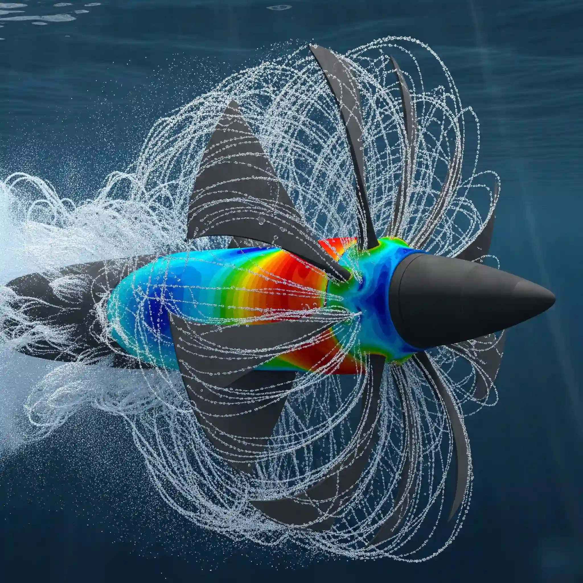 CFD visualization of water flow through a Francis turbine in a hydroelectric dam, showing streamlines turning the blades.