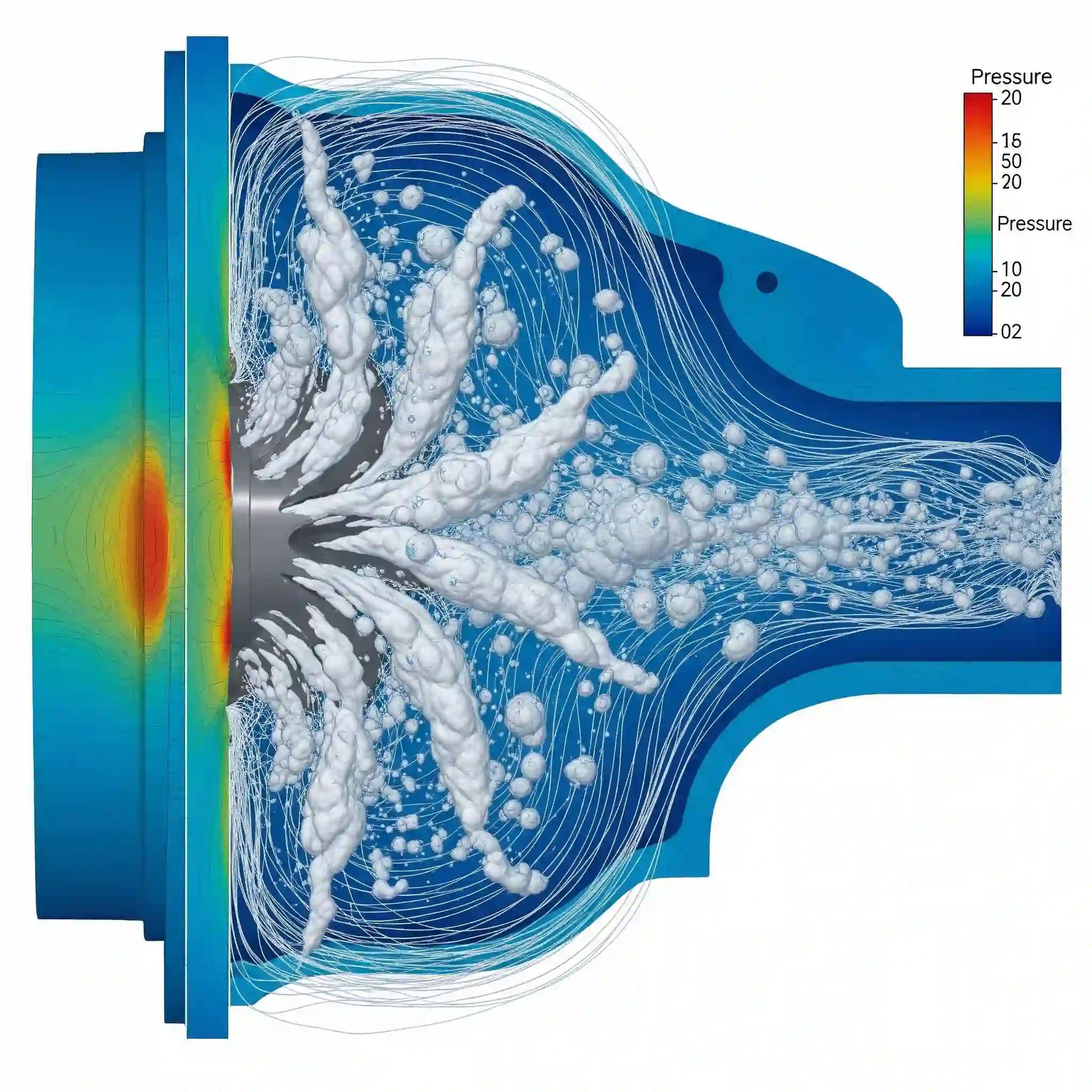 CFD simulation showing the formation and collapse of cavitation vapor bubbles near the impeller blades of a pump.