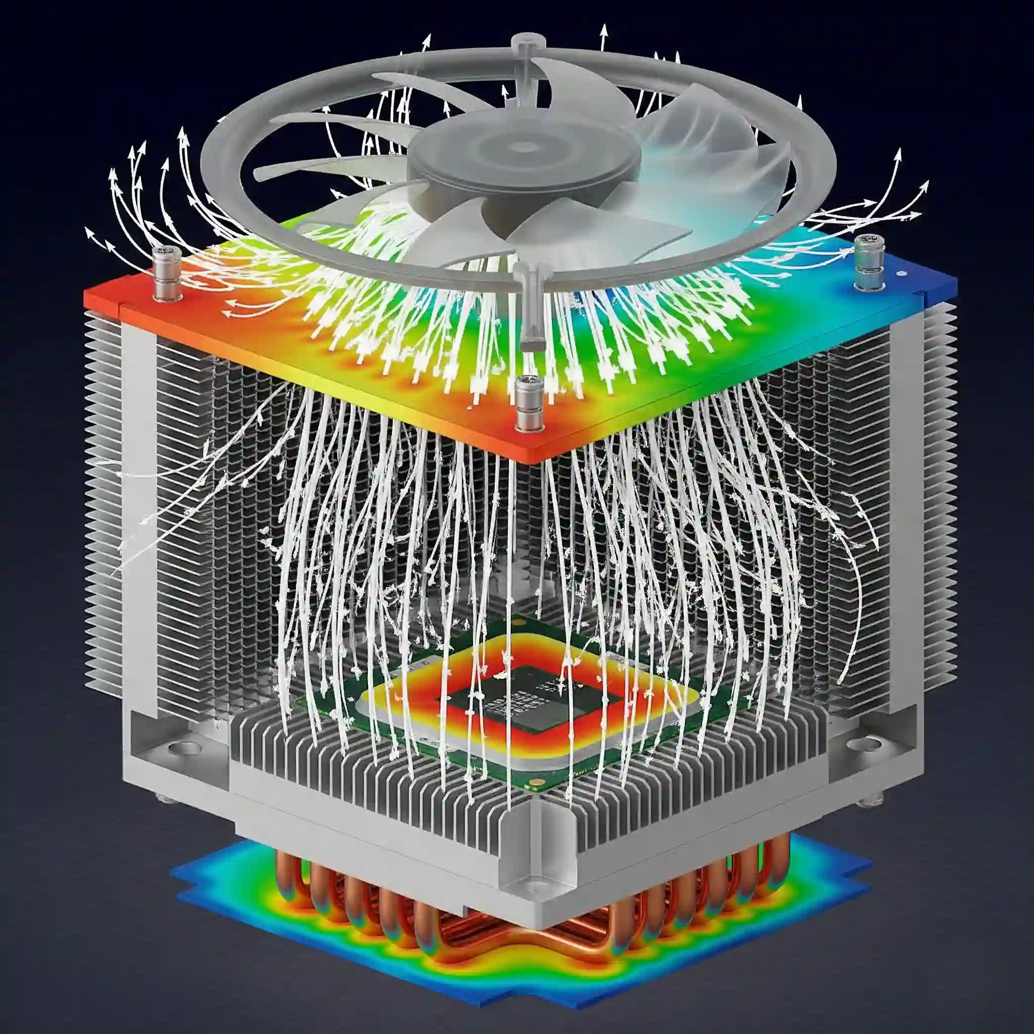 Thermal CFD simulation of a CPU heatsink, displaying a heat map of temperature distribution and airflow vectors from the fan.