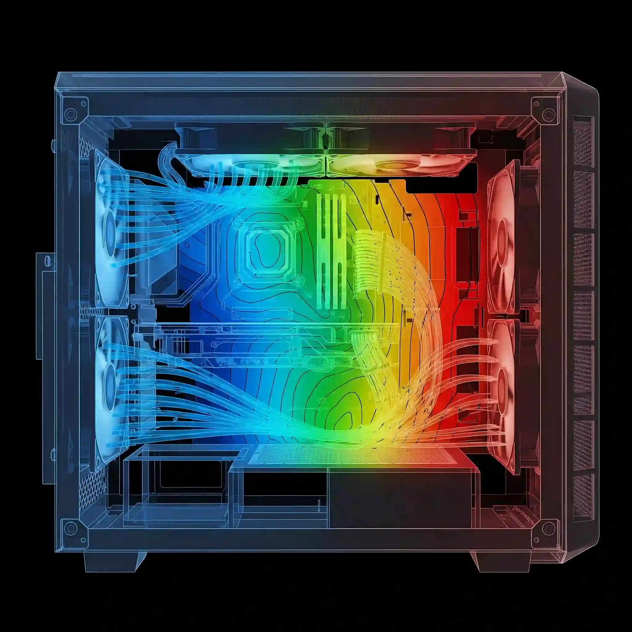 Airflow velocity contour inside a PC case.