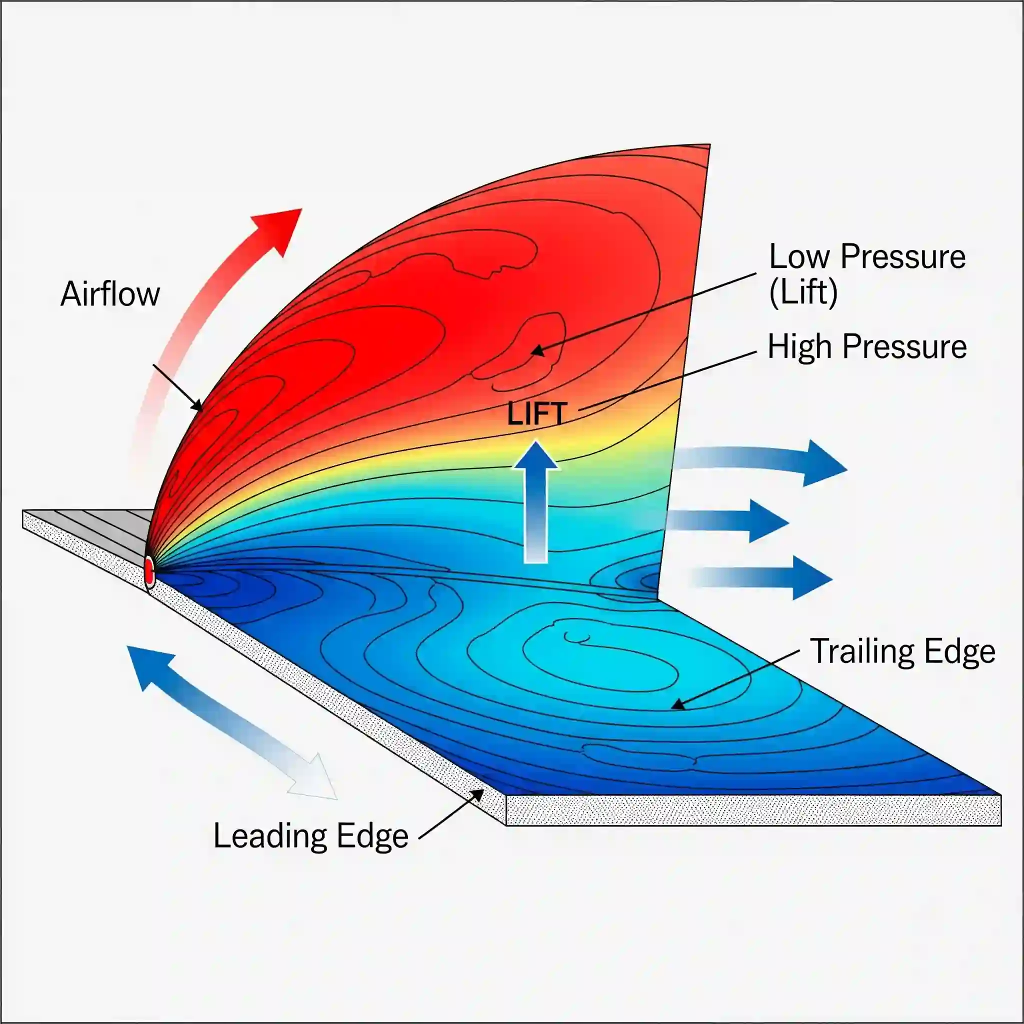 A cross-section of an airplane airfoil with CFD pressure contours, showing low pressure in red on top and high pressure in blue below, illustrating lift generation.