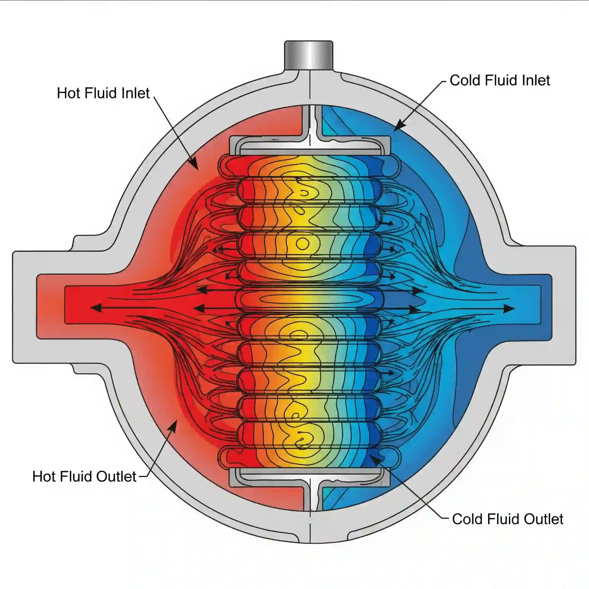 A cross-section of a shell and tube heat exchanger, with CFD showing counter-flow of hot (red) and cold (blue) fluids.